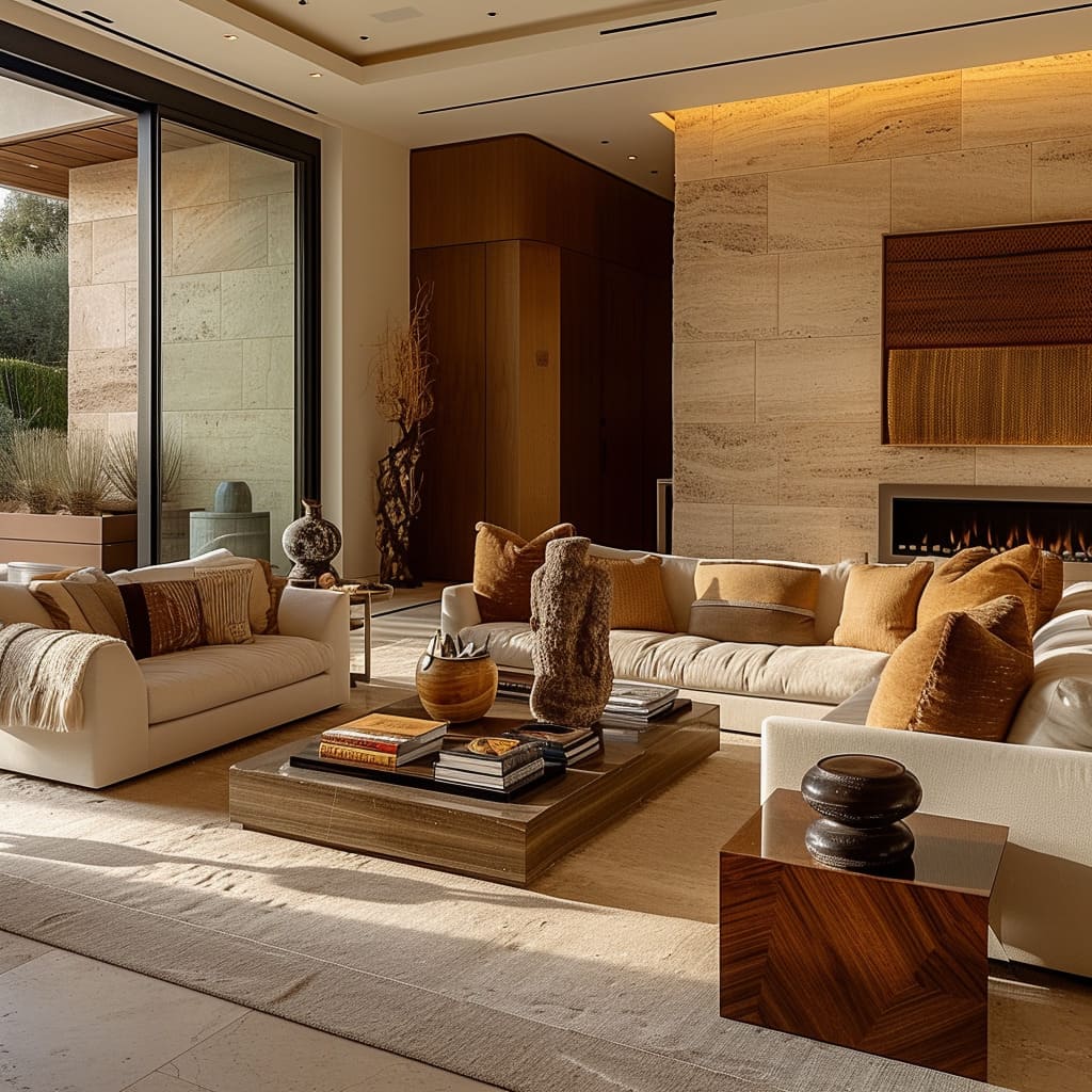 An elegant feature wall made of travertine interiors adds sophistication to the modern living room