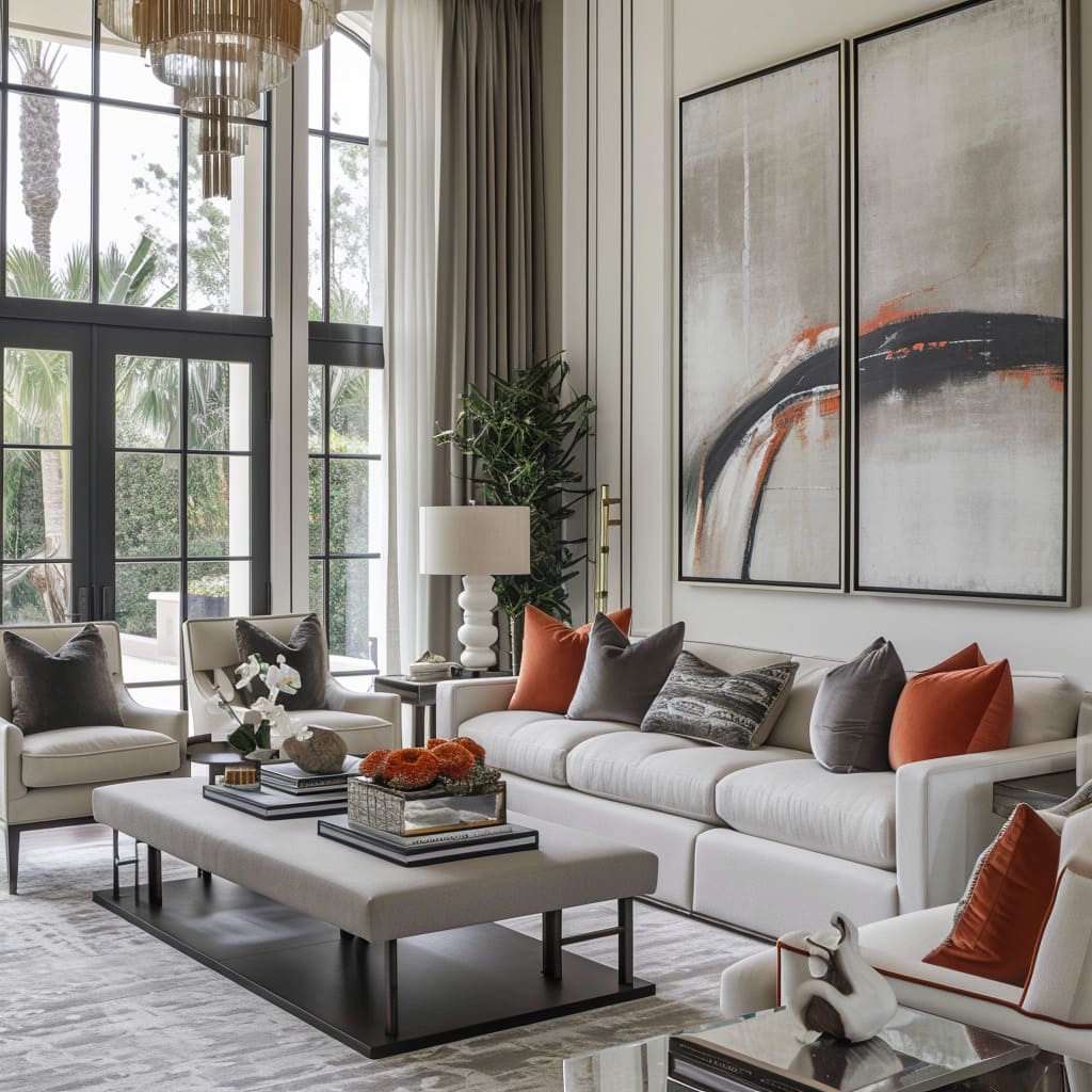 An elegant living room featuring soft lighting and classic furniture pieces