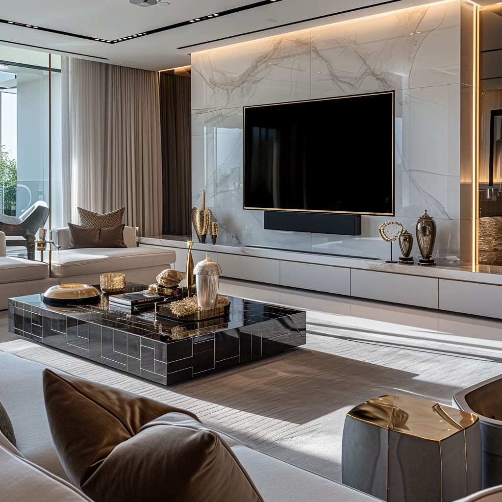 An impressive TV wall design with marble accents and leather upholstery invites tactile pleasure and relaxation