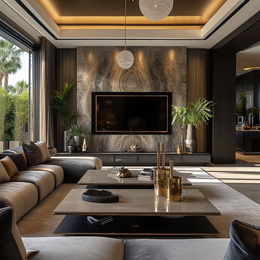 An impressive living room layout achieves design harmony, integrating patterns and technological elements for aesthetic balance