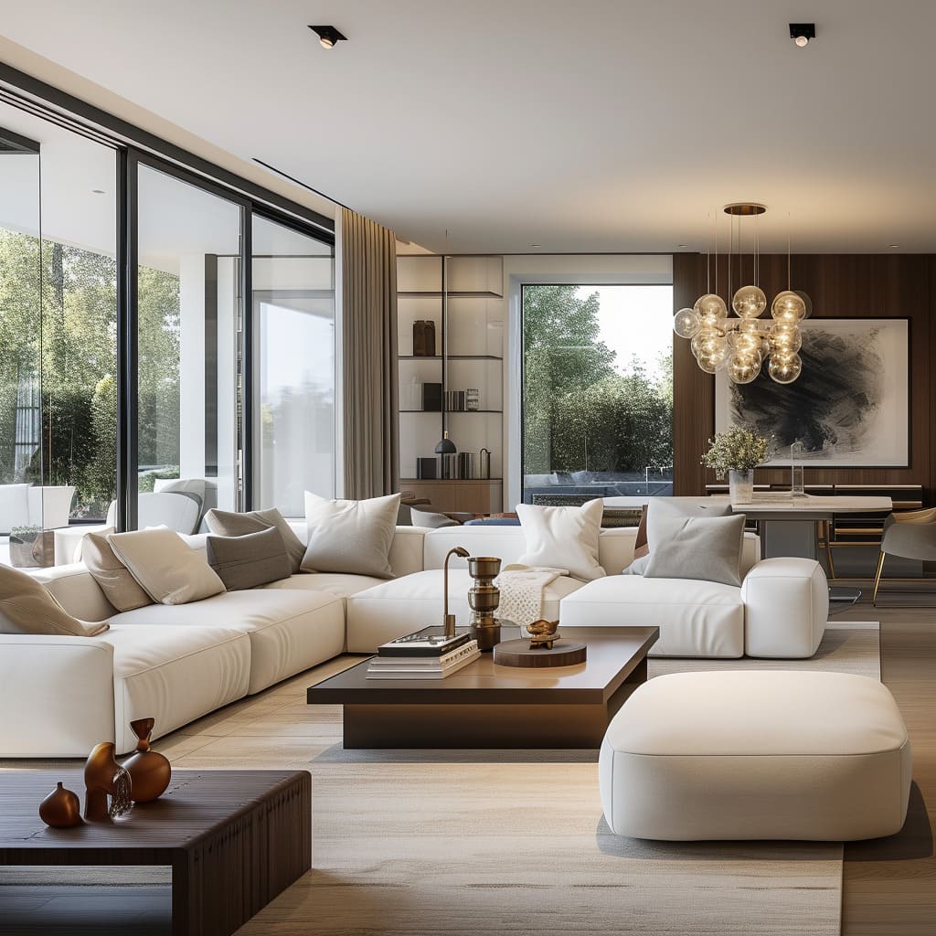 An open layout and abundant natural light create a spacious illusion in the modern interiors