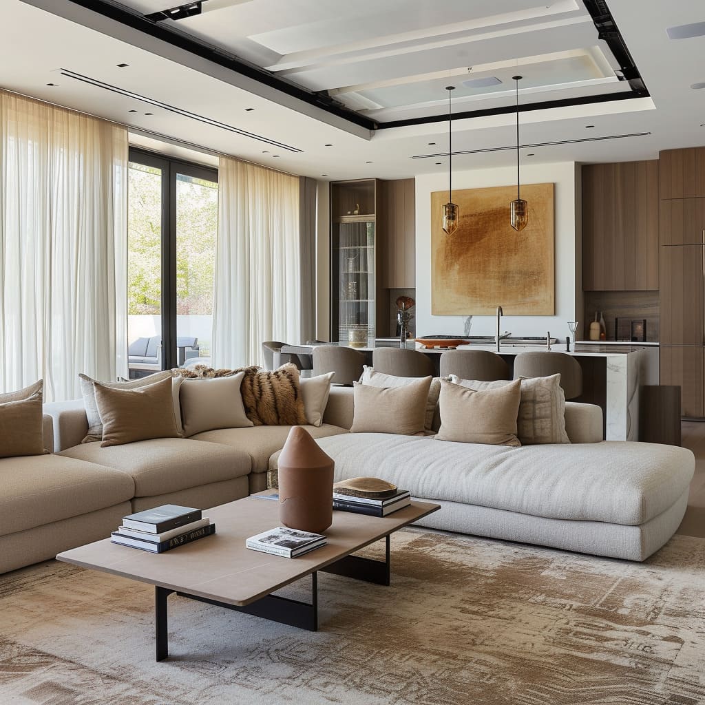 An understated elegance defines the interior, creating a contemporary living room that exudes style and comfort