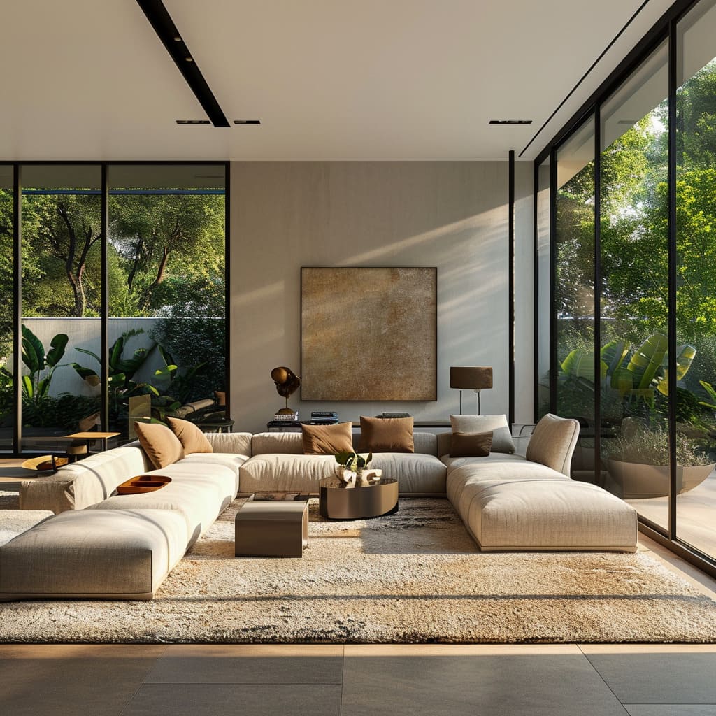 Architectural drama and contemporary fixtures complete the living room canvas