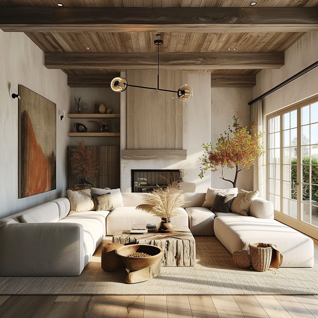 Architectural features, such as exposed beams or large windows, enhance the family room's character