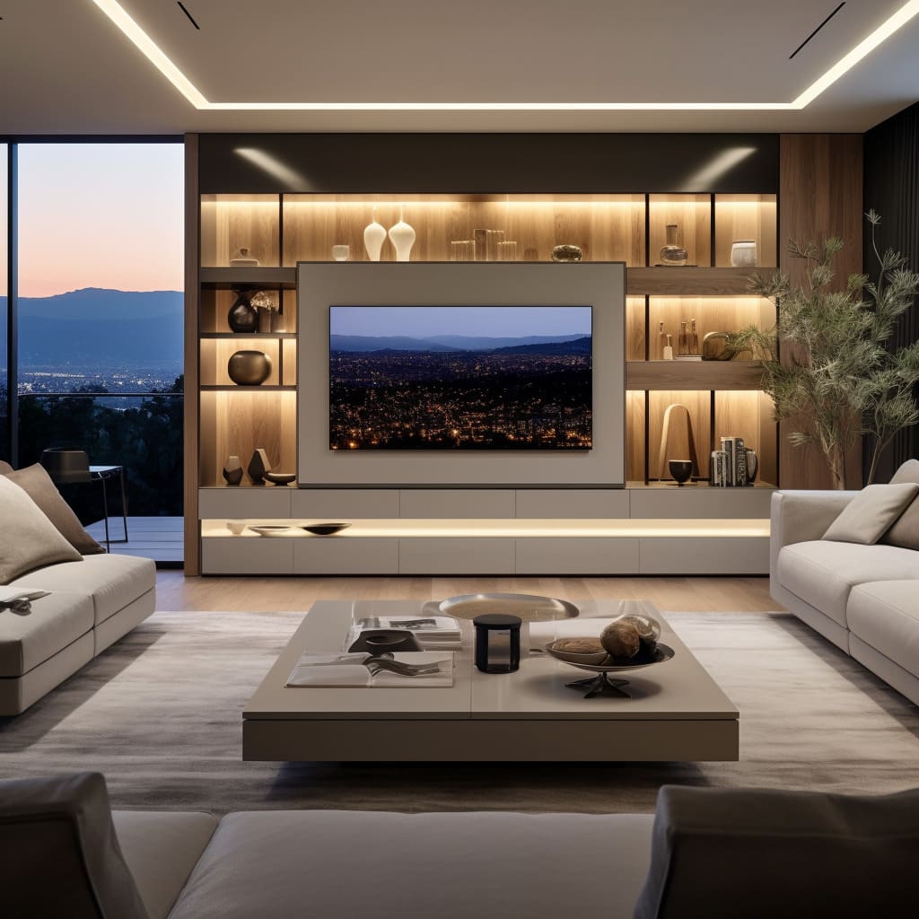 Backlit floating shelves and accent lighting contribute to the room's sophistication
