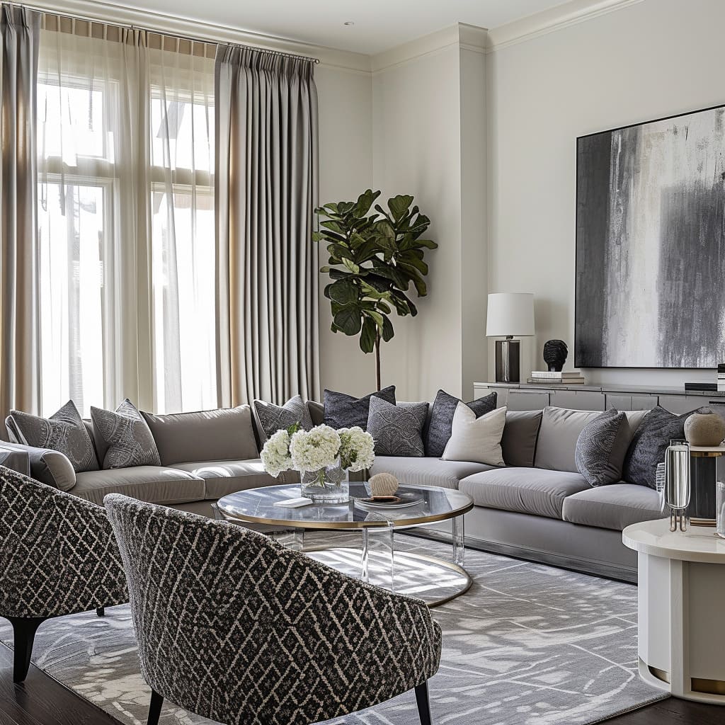 Books and sculptural objects serve as a focal point, elegantly incorporating accent colors in this modern drawing room
