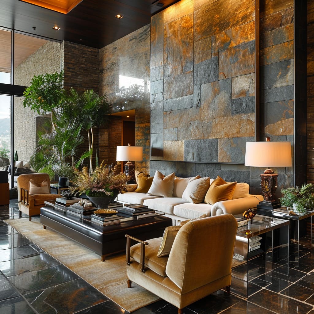 Burnt orange accents into your living area to add a pop of color, complementing the dark and light stones