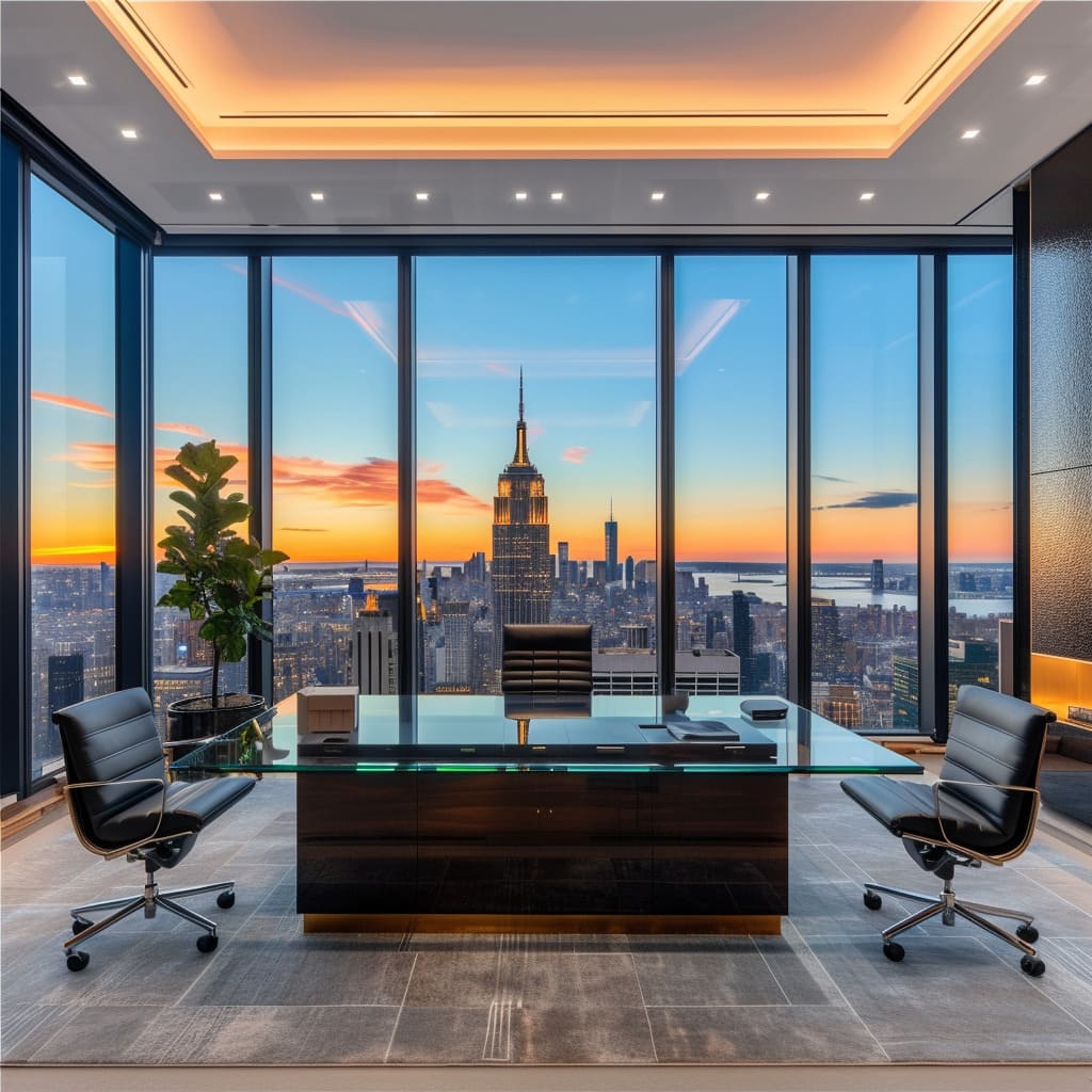 Cityscape views and personalized touches make this executive office truly exceptional
