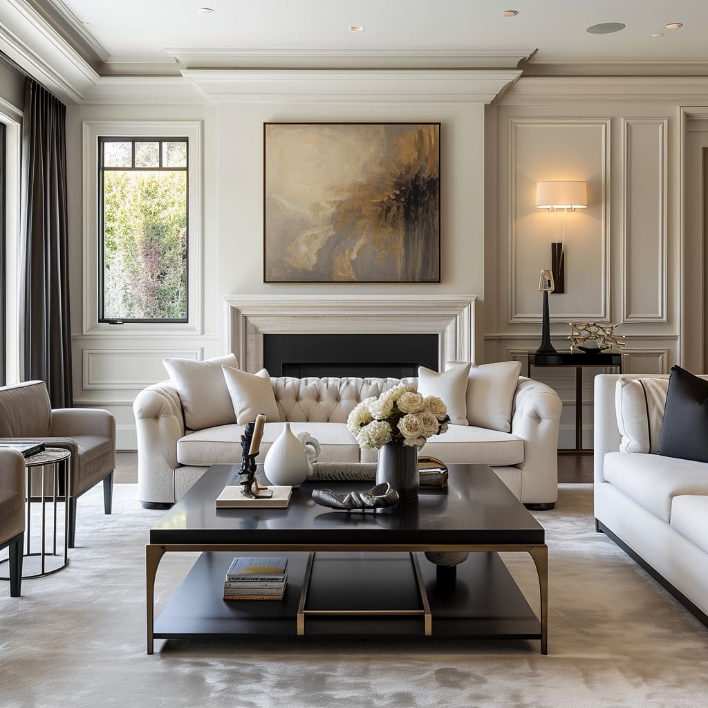 Classic contemporary interior design combines timeless elegance with modern spaces