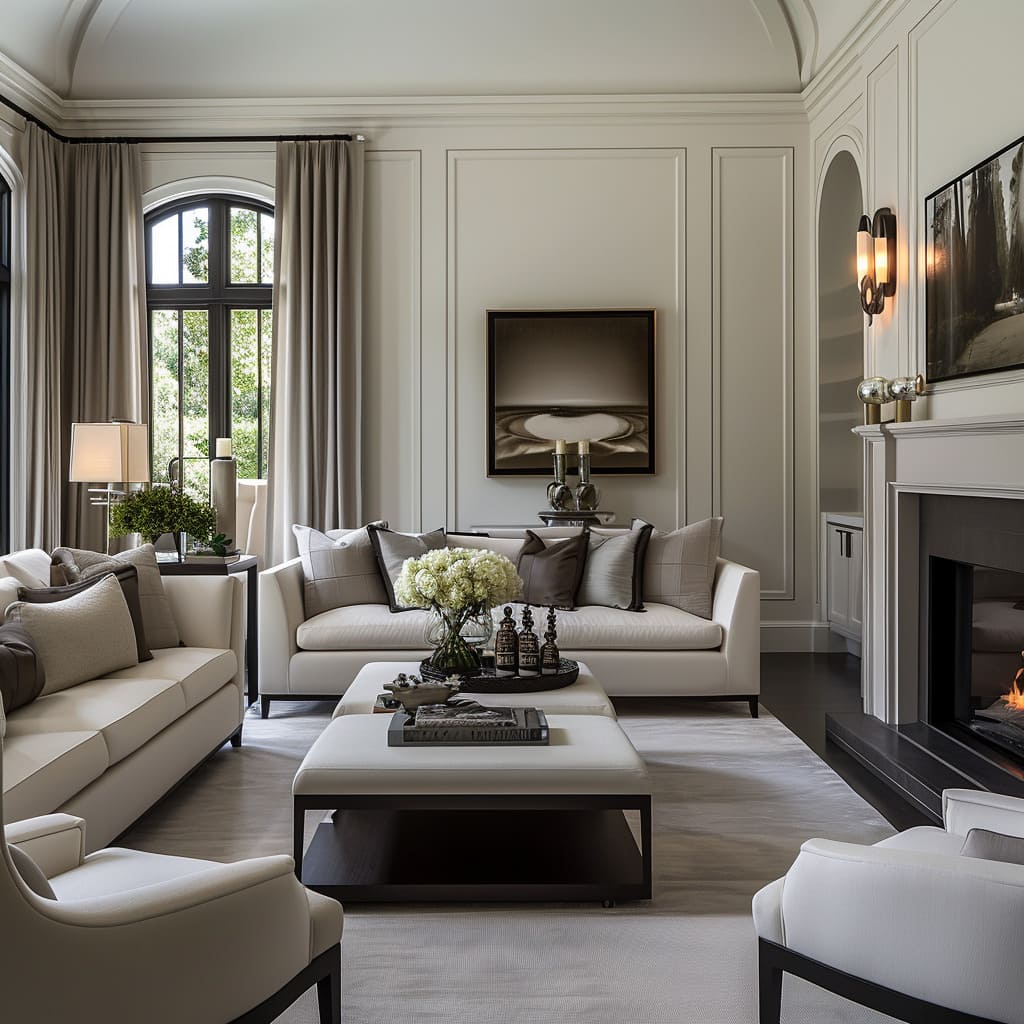 Classy transitional family room interior design achieves functional elegance