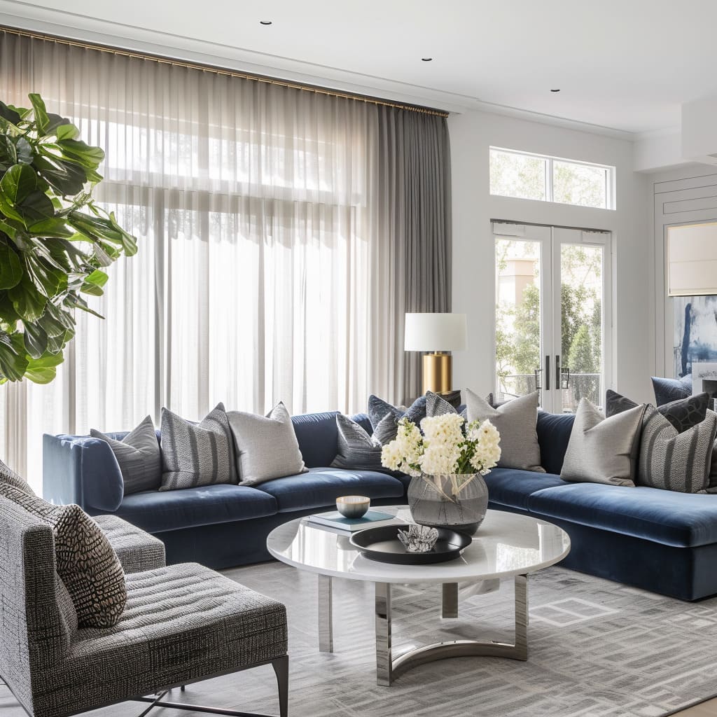 Clean lines and modern aesthetics define this contemporary living room, where accent colors emerge via throw pillows and decor