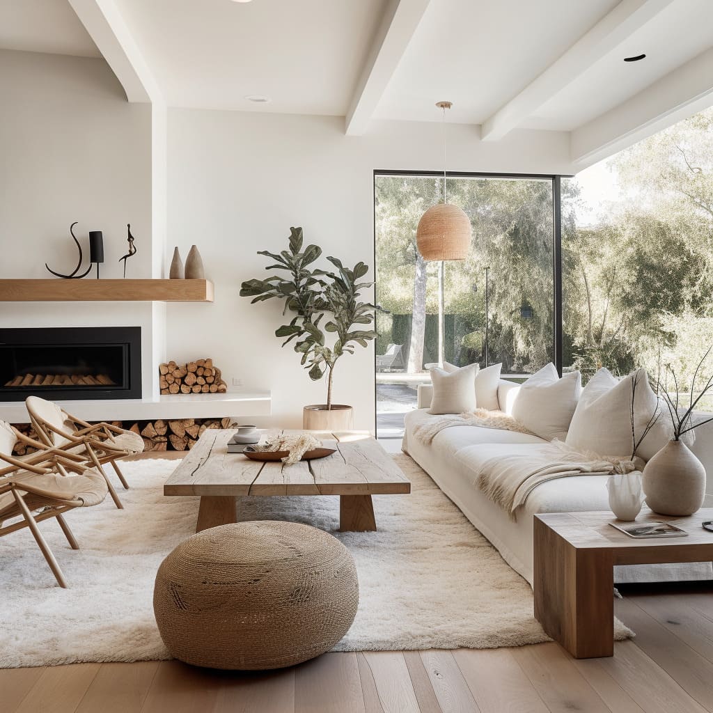 Comfortable minimalism in a clutter-free, airy interior, decorated with organic materials and sleek lighting fixtures