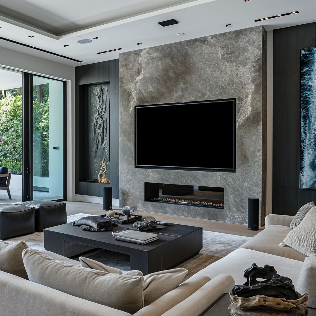 Contemporary decor, marble cladding and entertainment hubs combine for a unique room ambiance