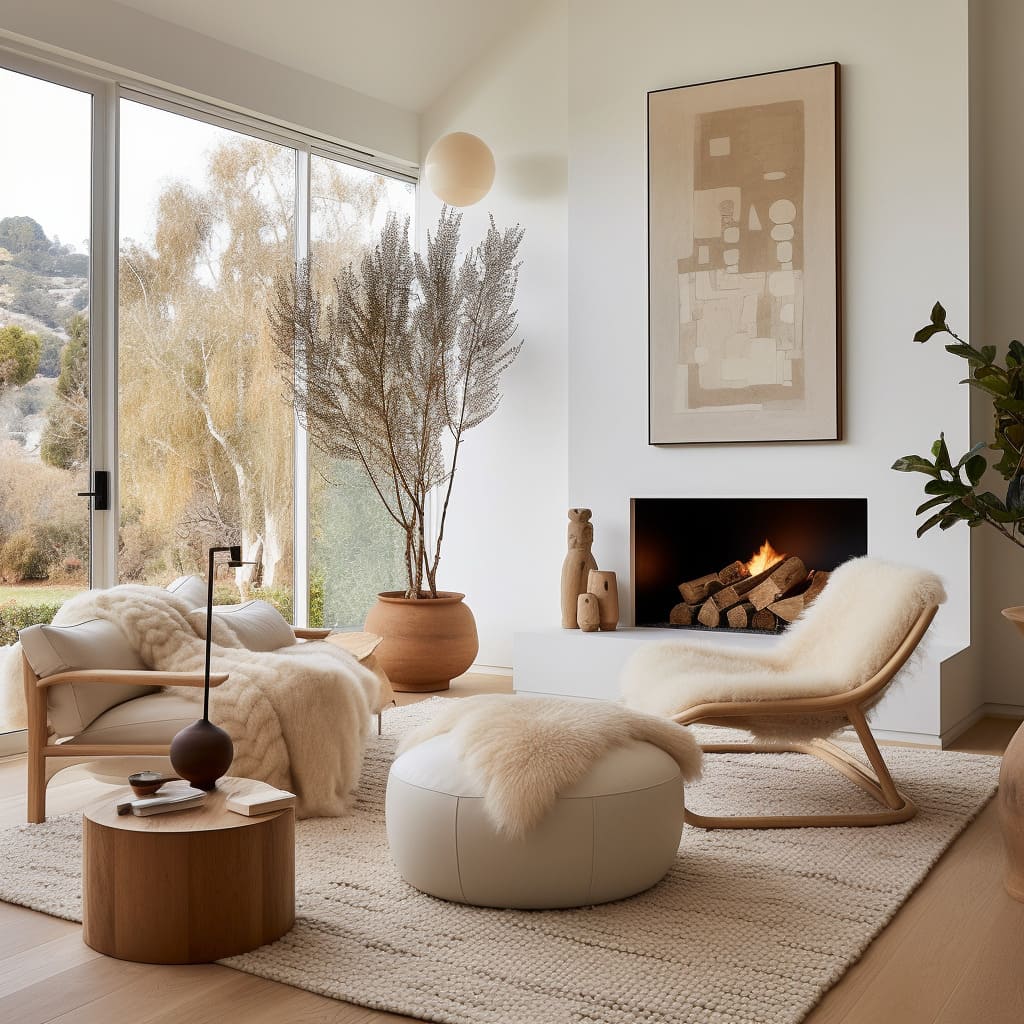 Create a Scandinavian-inspired living room with a neutral color palette and functional furniture for a comfortable and sustainable space