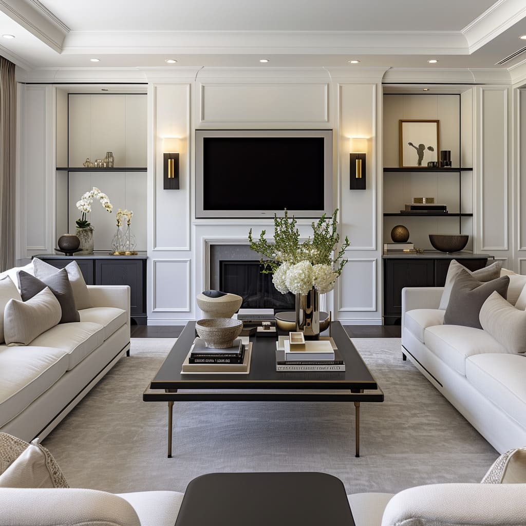 Custom furnishings and elegant decor elements complete the look of this transitional living room