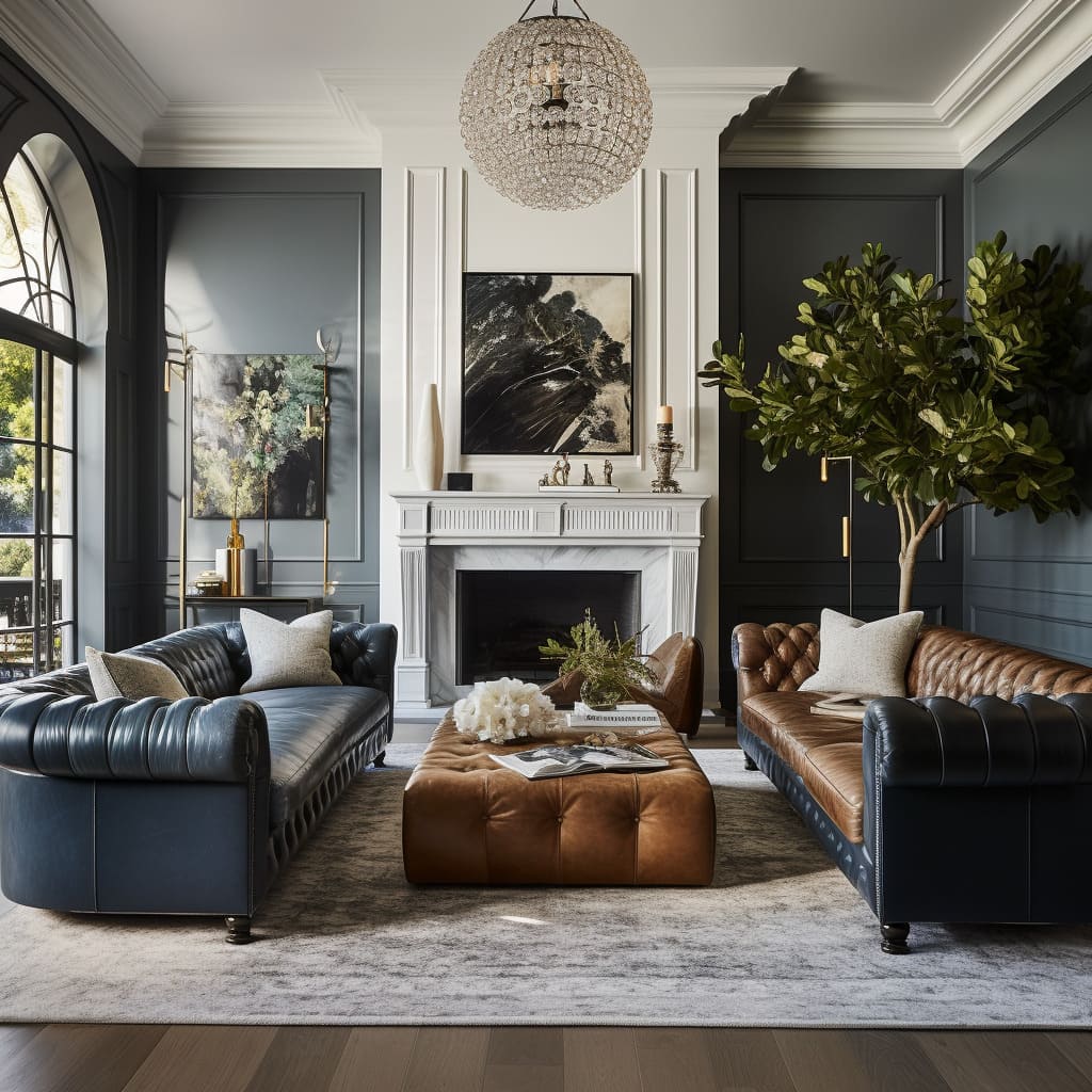 Decorative accessories, curated books, and unique objects add character to high-ceilinged spaces with crown moldings and large windows