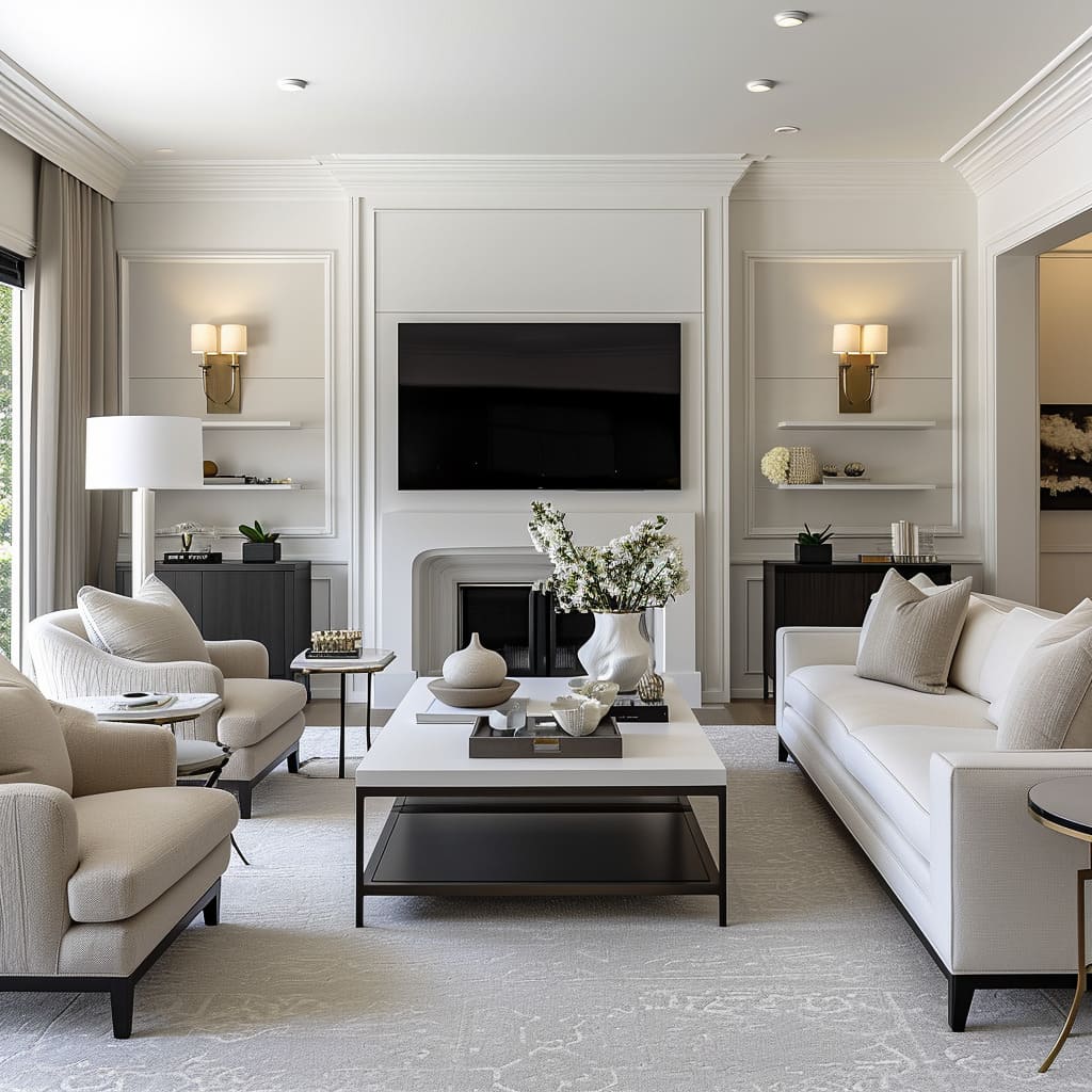 Each furniture piece in this transitional living room is carefully chosen for its aesthetic appeal
