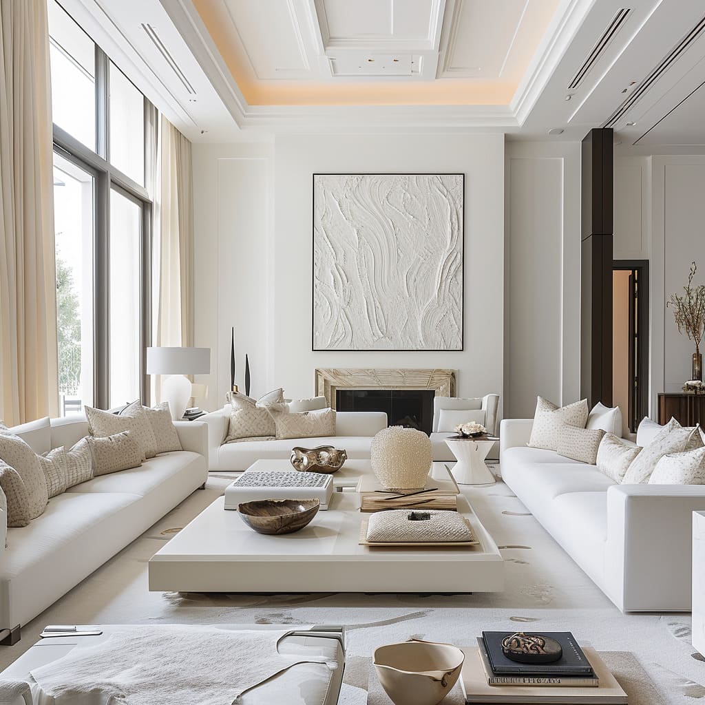 Elegance in this interior design is achieved through a combination of artistic features and natural light