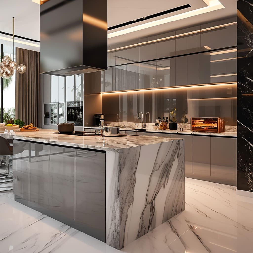 Elegance with white cabinetry and marble backsplashes, complemented by metallic hardware