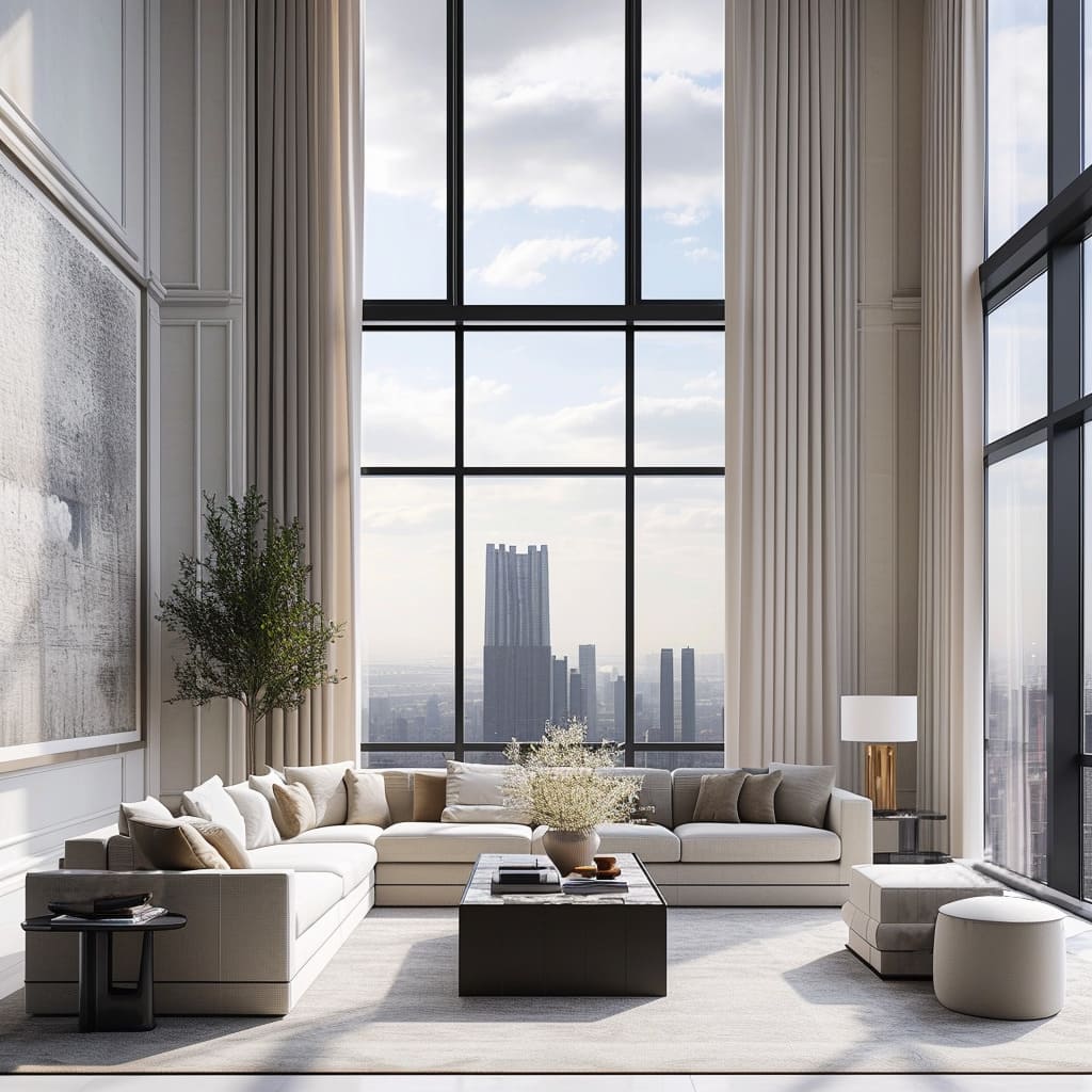Expansive windows offer panoramic views, enhancing the timeless elegance of this urban retreat
