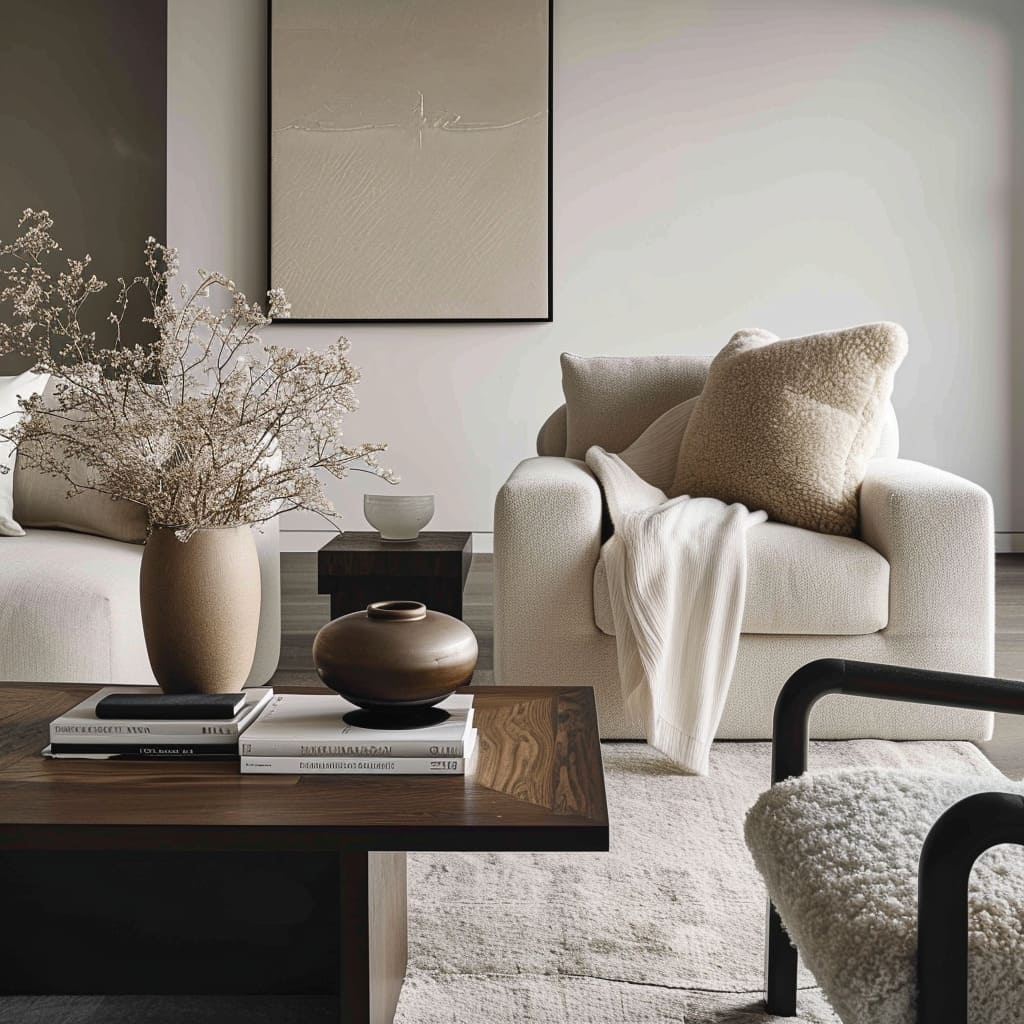 Furniture add to the cozy textiles and organic materials, creating modern simplicity in your living room