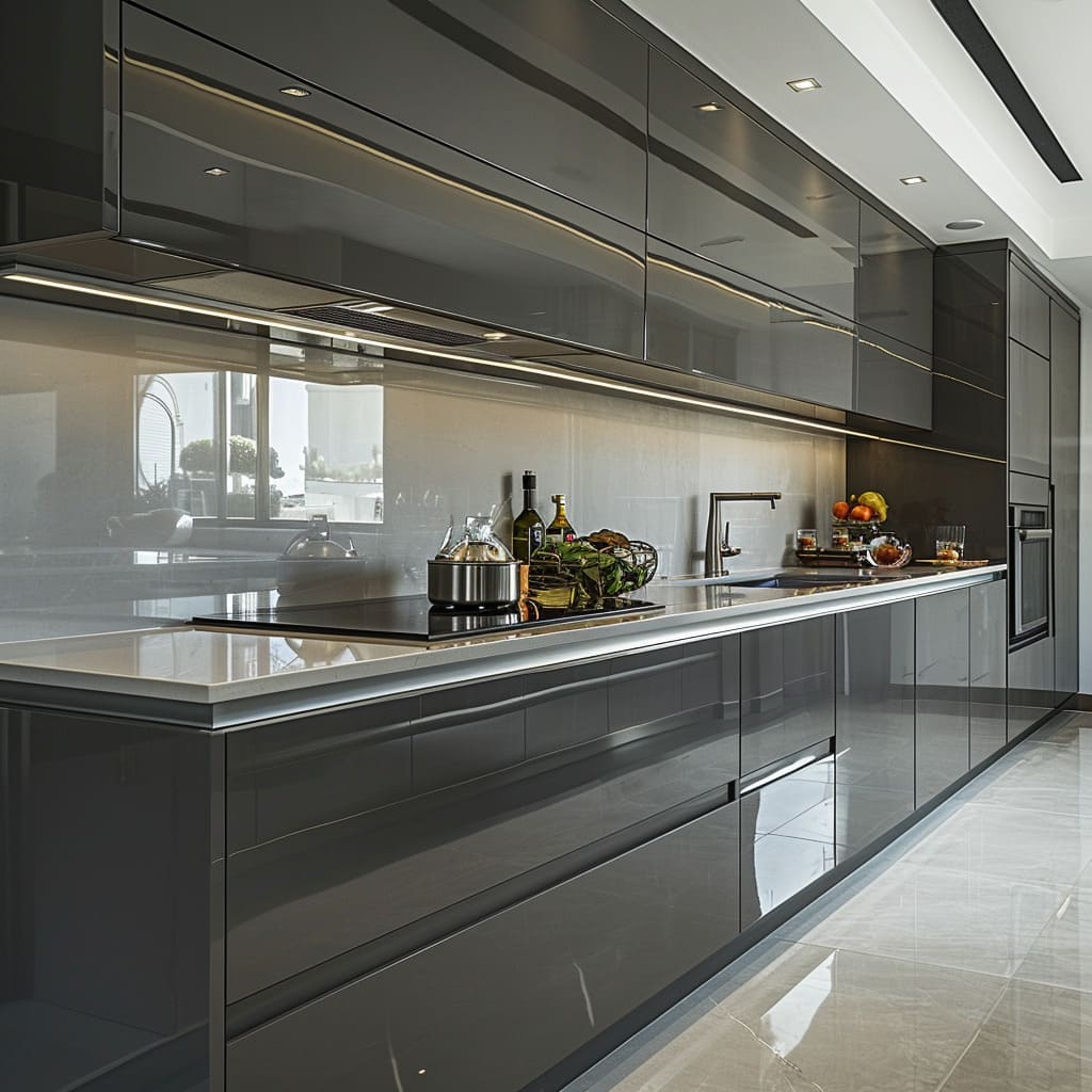 Handleless cabinets maintain the sleek and seamless look of this luxury kitchen