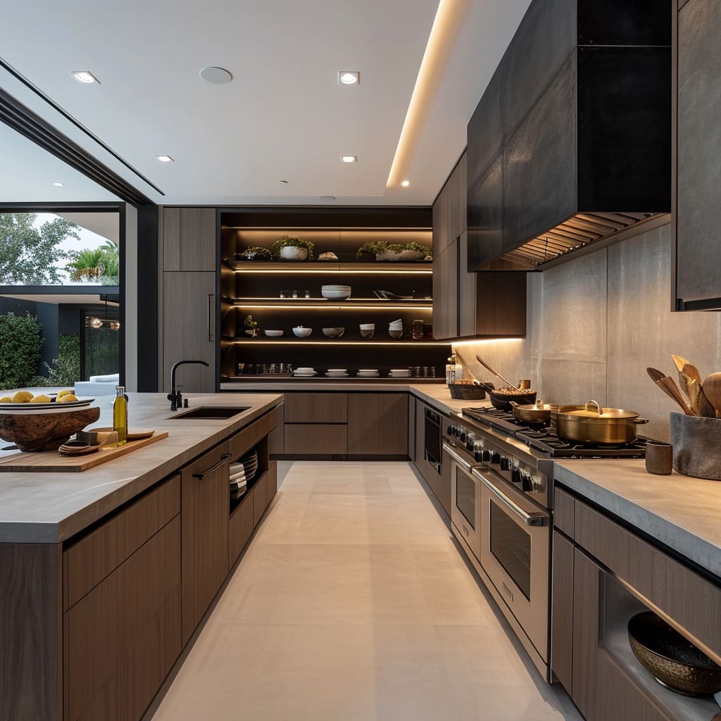 High-end appliances complement the minimalist aesthetics of this modern kitchen