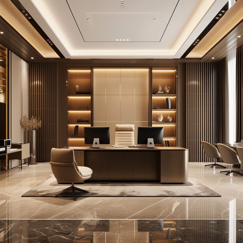 High-quality materials like marble flooring and wood paneling create a sophisticated ambiance