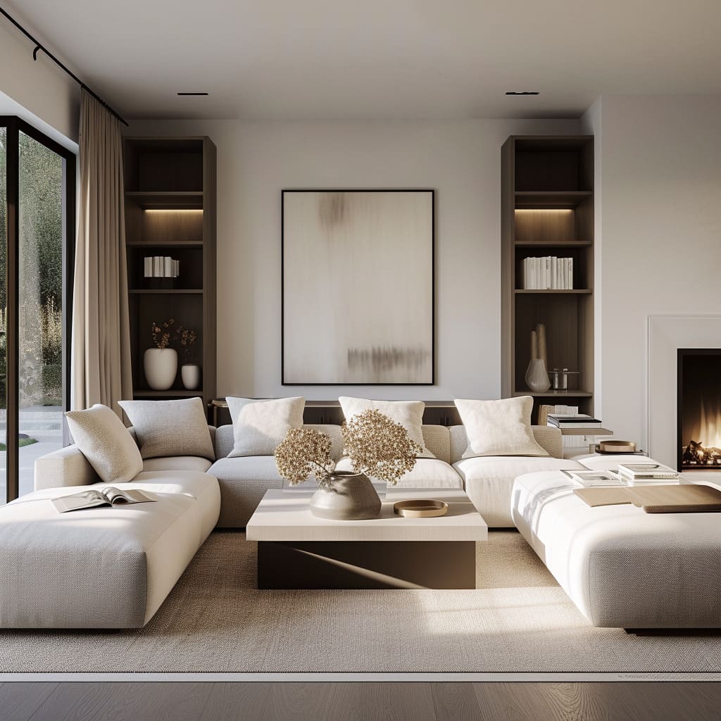 Home design trends and sophisticated detailing contribute to a chic elegance that defines the living room's atmosphere