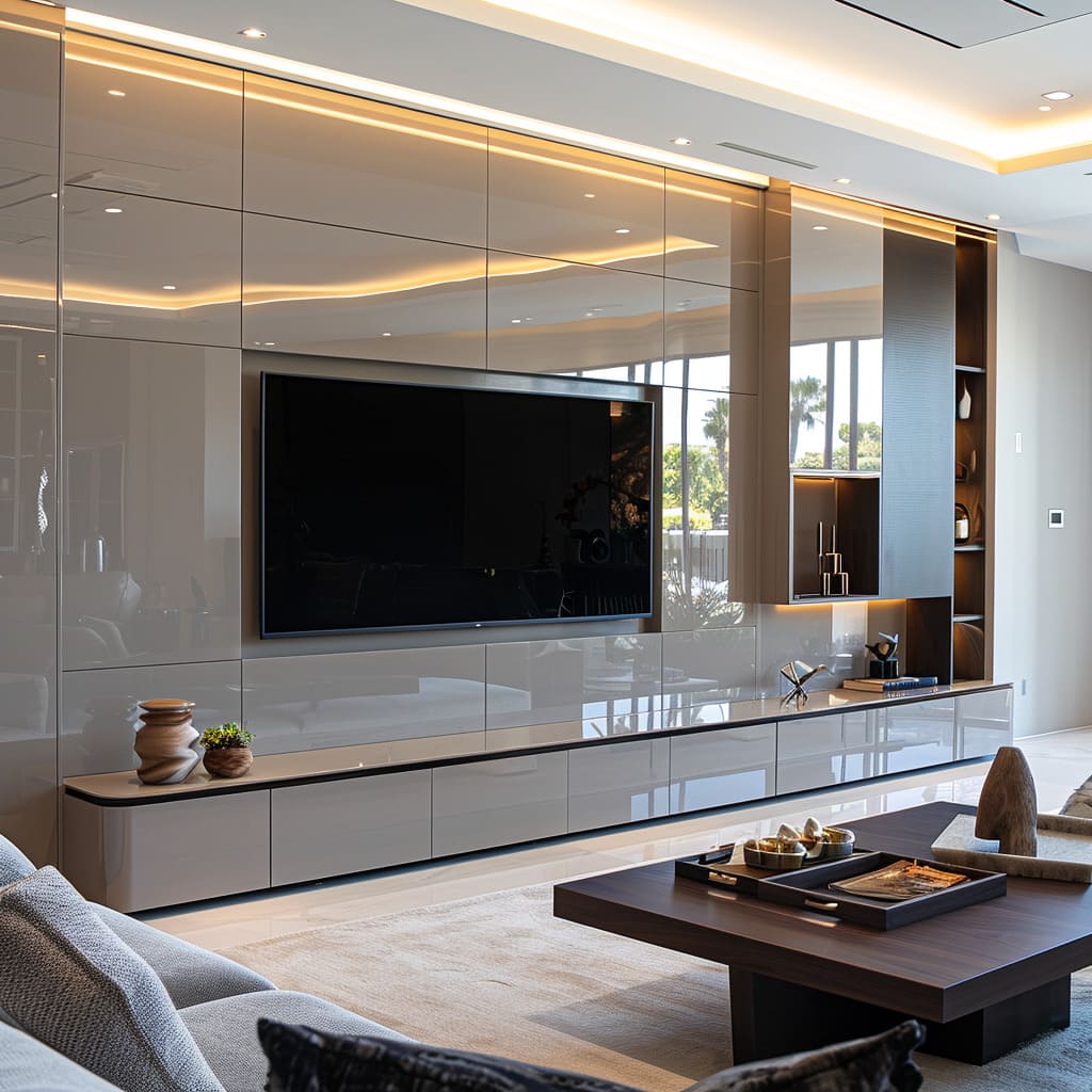 Host guests in a welcoming and inviting atmosphere with this luxurious TV wall unit