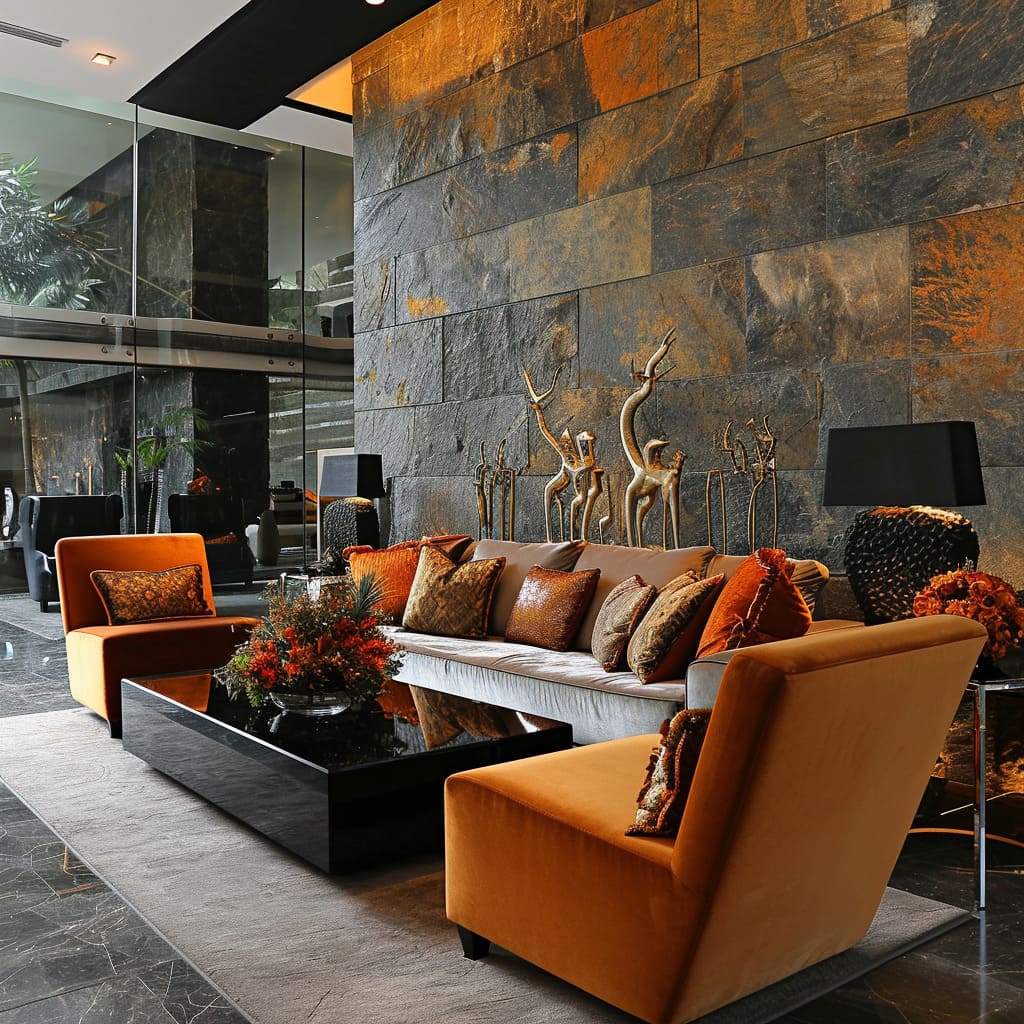 House's interior design by balancing natural stones with hard surfaces for a comfortable living environment