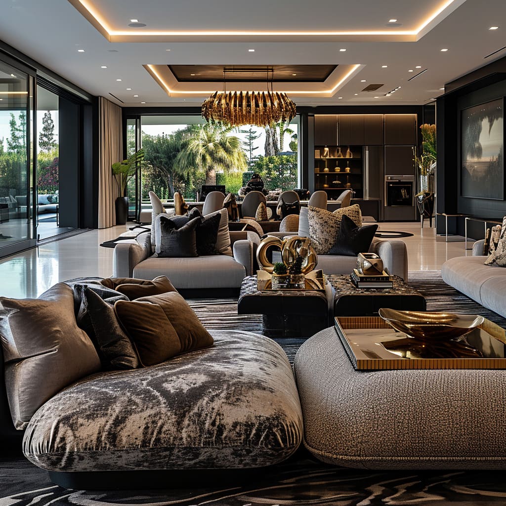 Illuminate your contemporary living room with ambient lighting, including recessed lights and chandeliers