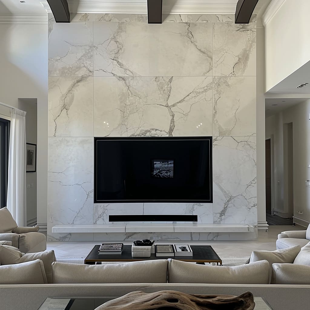 Impressive natural stone, including marble and porcelain tiles, adds opulence to the interior design