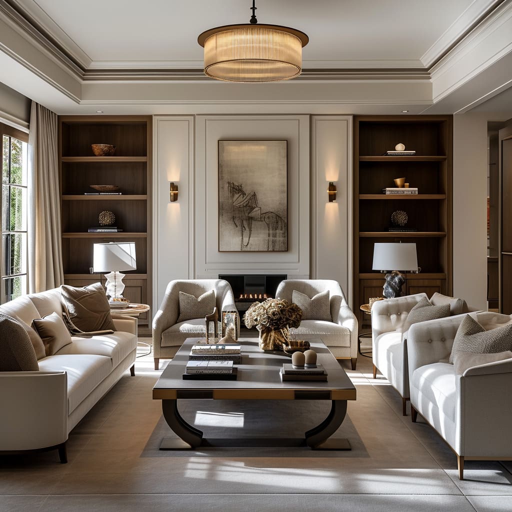 In the transitional living room interior design, room scaling ensures welcoming environments