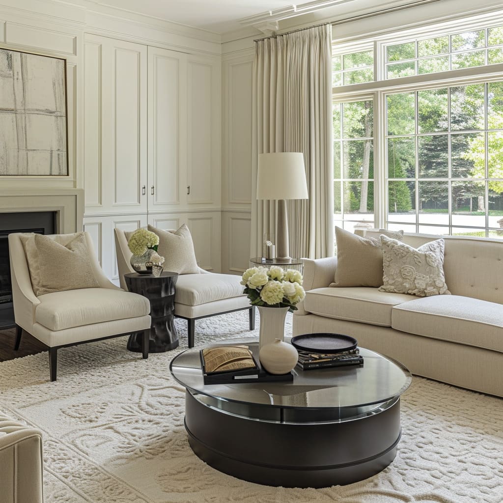 In this transitional living room, modern minimalism meets elegant decor through carefully chosen furniture items
