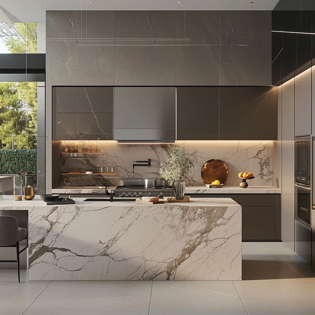 Integrated lighting enhances the beauty of the marble countertops