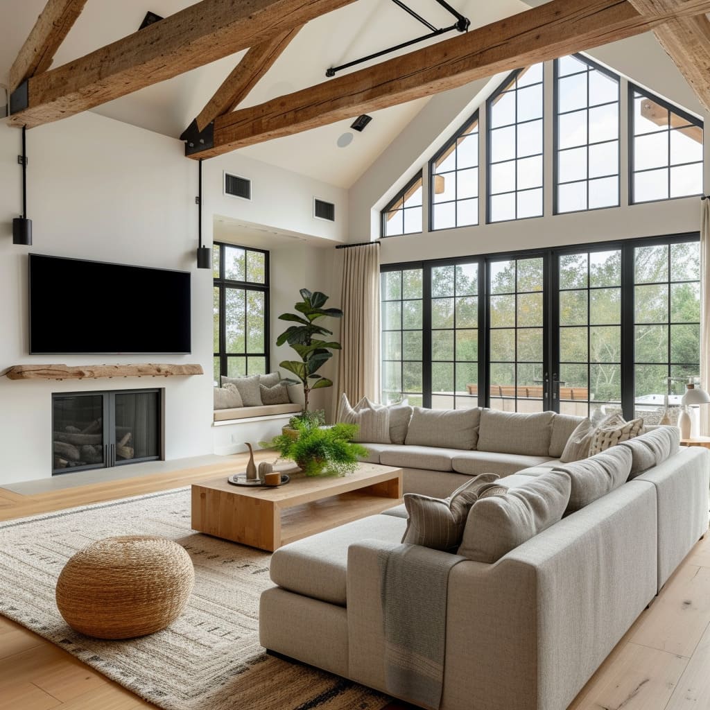Integrated living spaces in this farmhouse style living room provide comfort and style with modern amenities