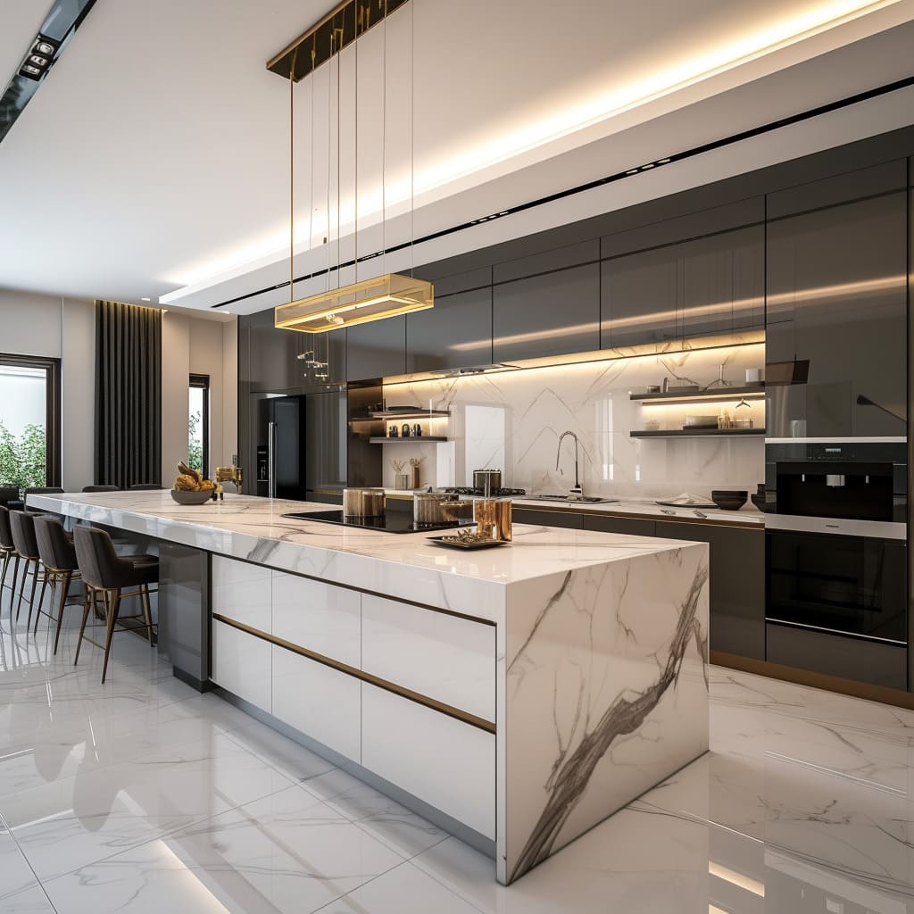 Kitchen's design with ceiling coffers, creating an elegant and spacious atmosphere