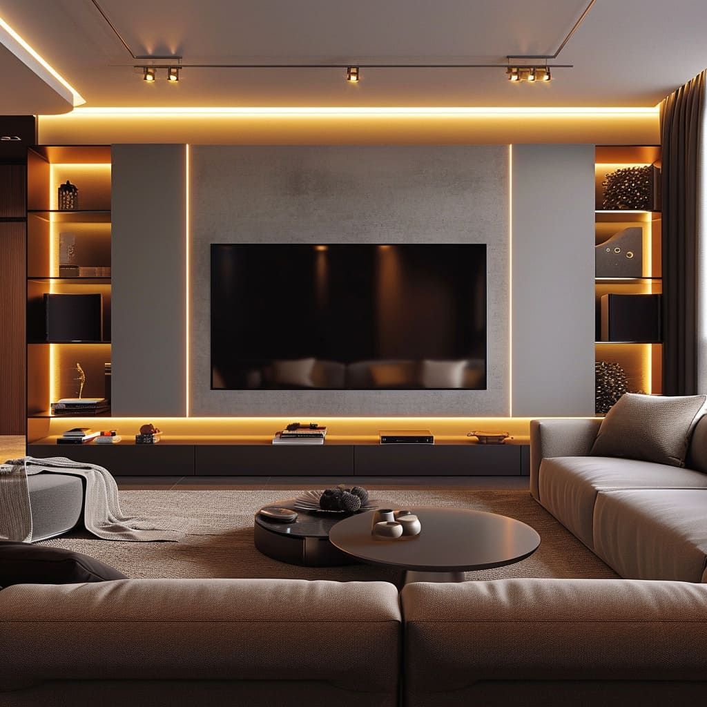 LED lighting enhances the sophistication of the contemporary style in this living room with TV wall units