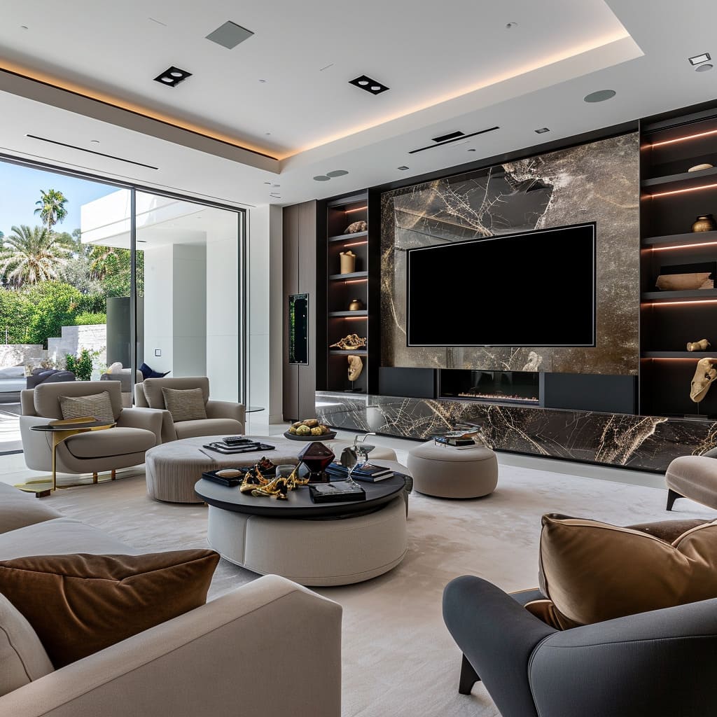 Large TV room's design with advanced sound systems and interactive technology 