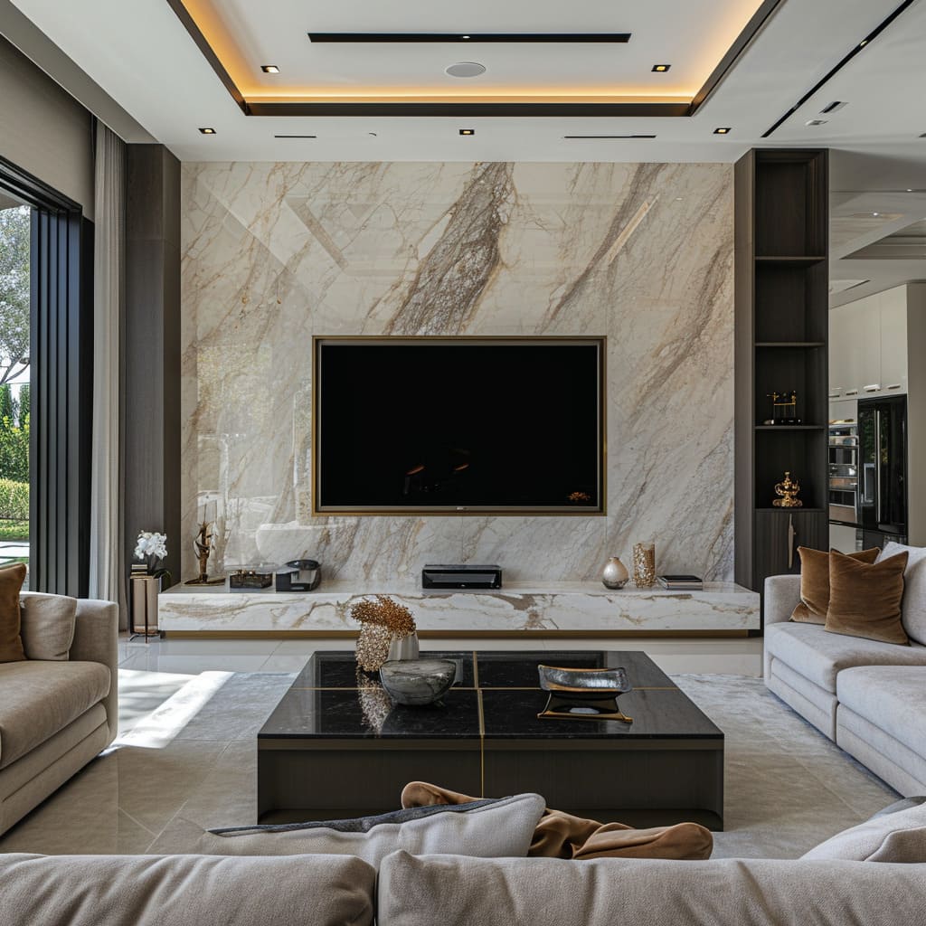 Living area with a pouf in this modern home lounge room, featuring an entertainment TV that complements the design ethos