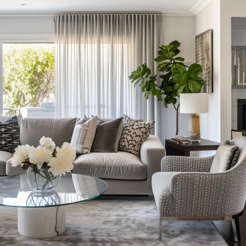 Lovely neutral tones set the mood in the living room, with subtle accents for depth