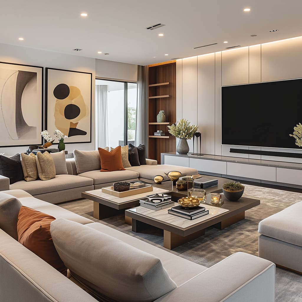 Lux decor elements contribute to the unique charm of this contemporary living room