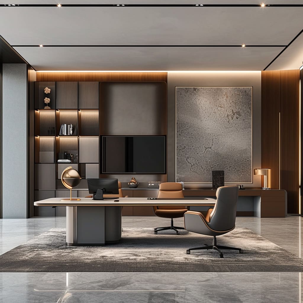Luxe wood and metal accents define the reception desk's elegance