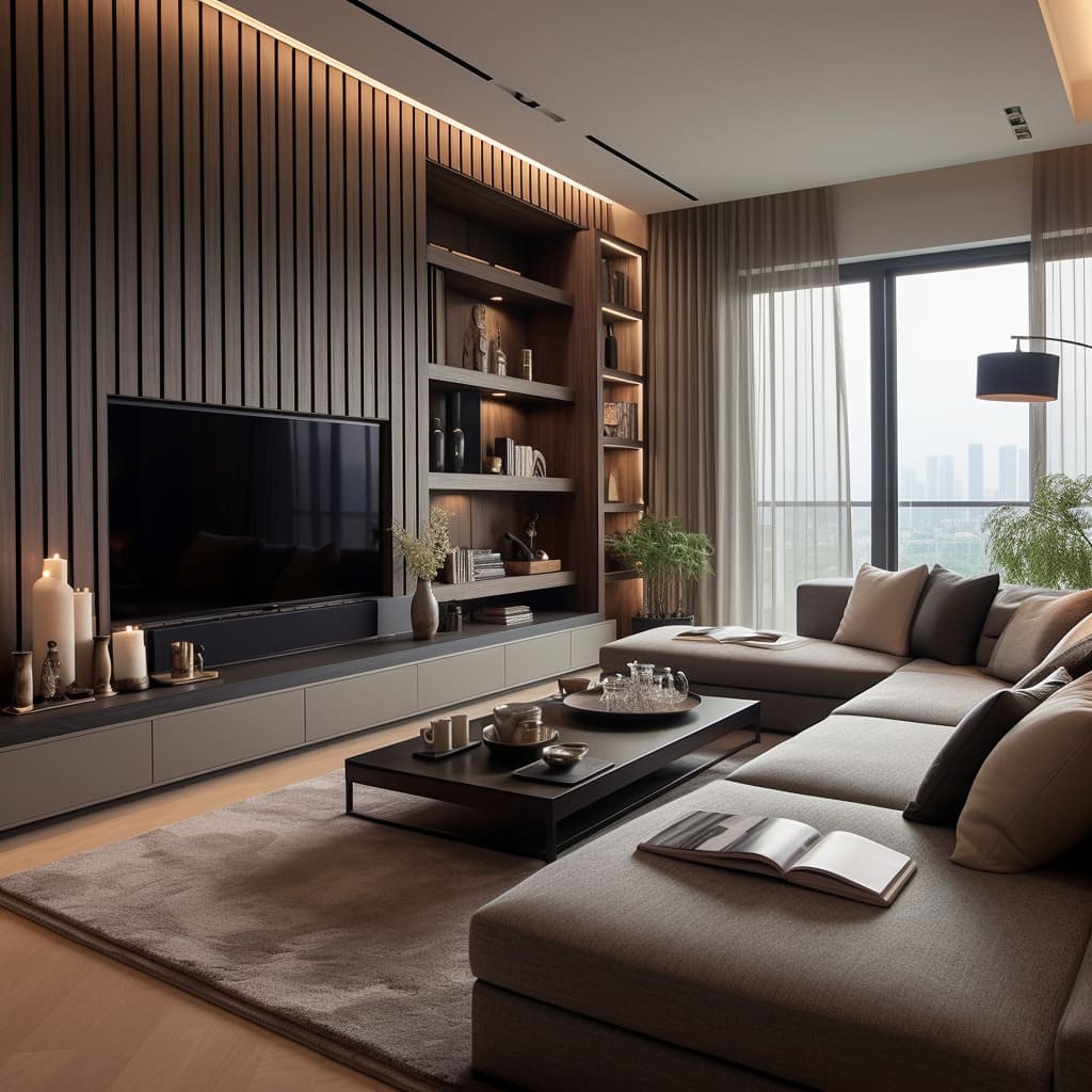 Luxurious cabinetry and craftsmanship are evident in this living room's TV wall unit