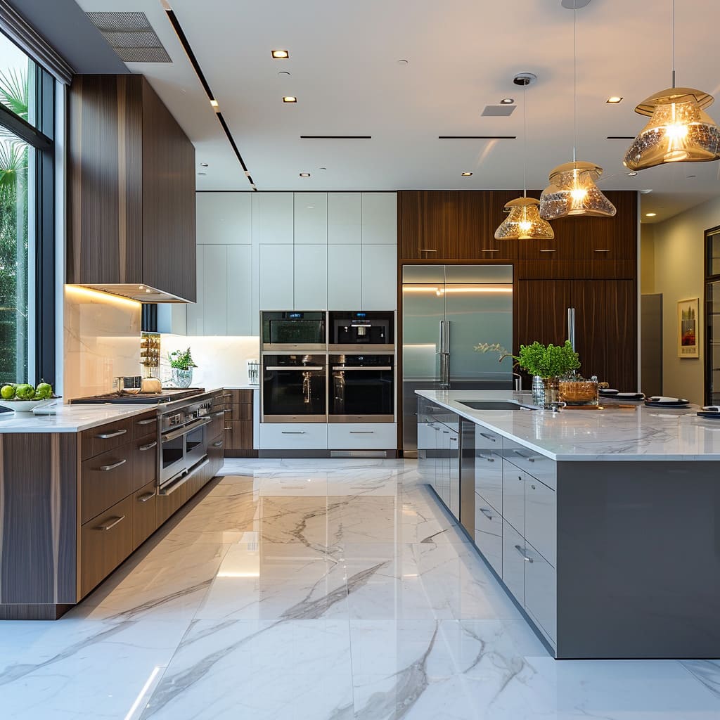Luxurious interiors with marble accents make this modern kitchen a true masterpiece