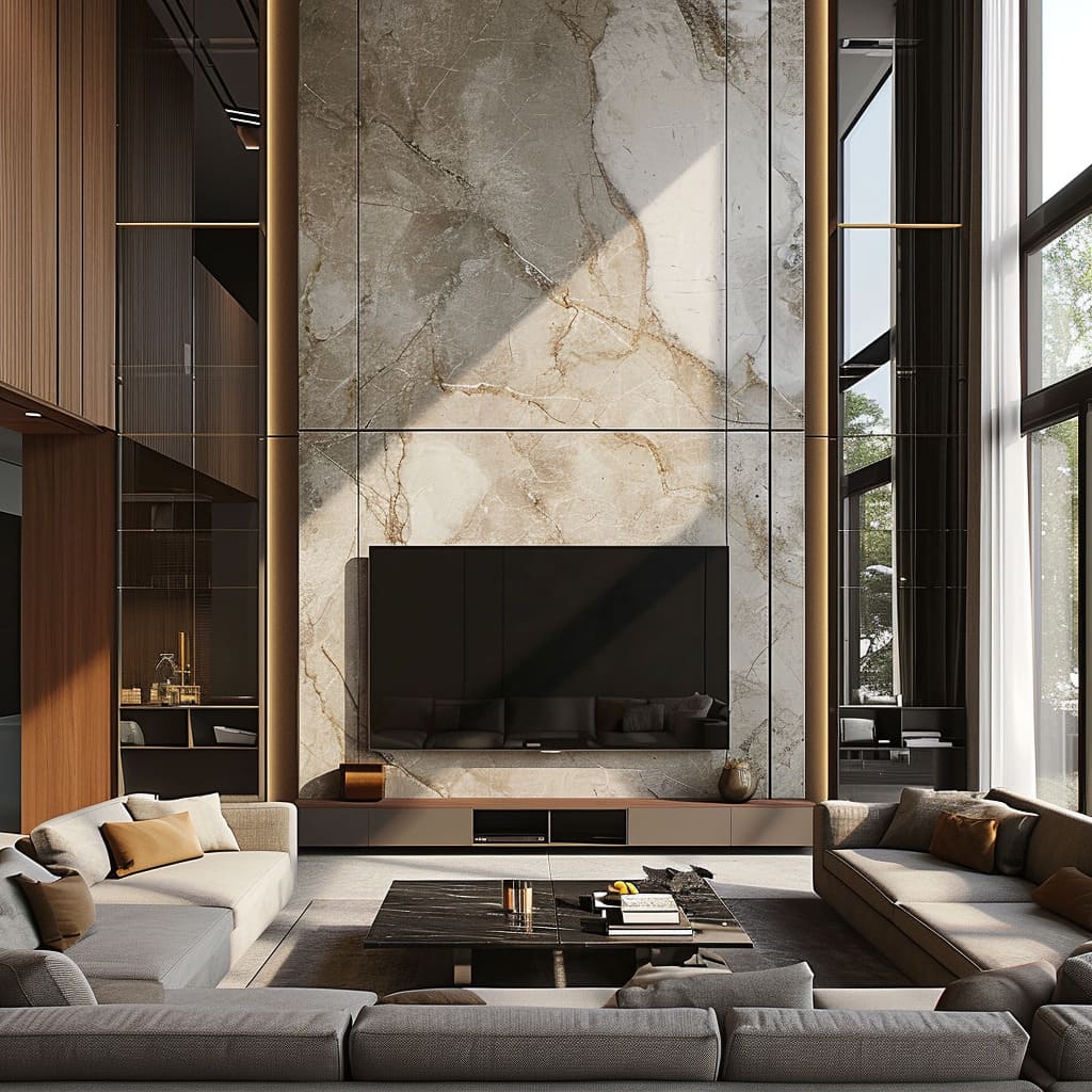 Luxurious marble TV wall design serves as a statement piece that tells a compelling visual story