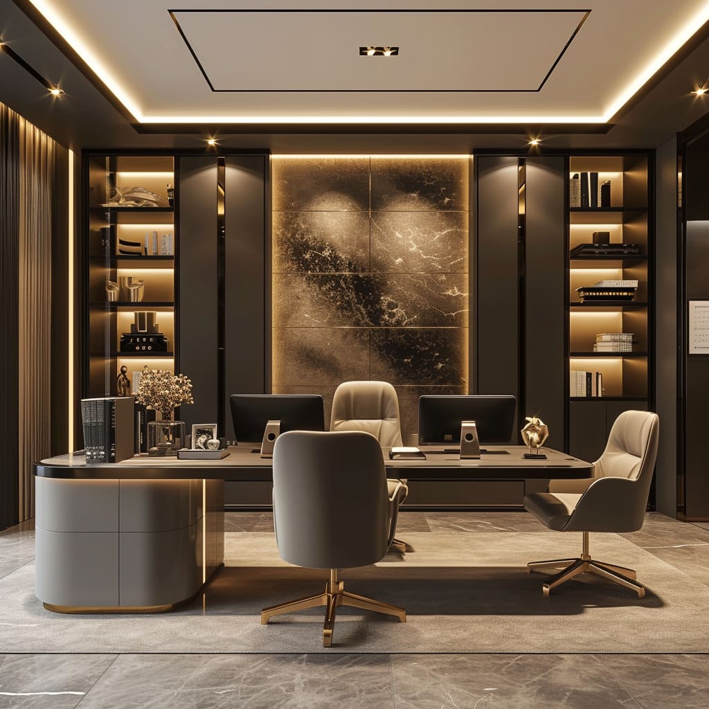 Luxury modern office interiors combine wood paneling with sleek contemporary furniture