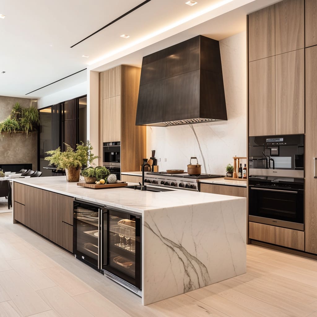 Marble countertops and sleek cabinetry create a luxurious modern kitchen