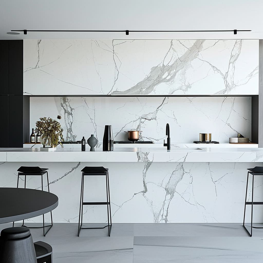 Marble flooring and high-gloss finishes add a sophisticated touch to this luxury space